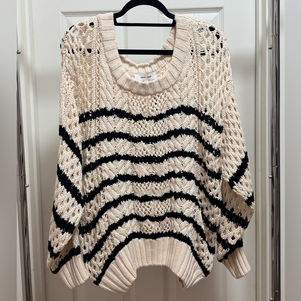 Evereve John + Jenn Cream and Black Stripe Sweater with Open Weave